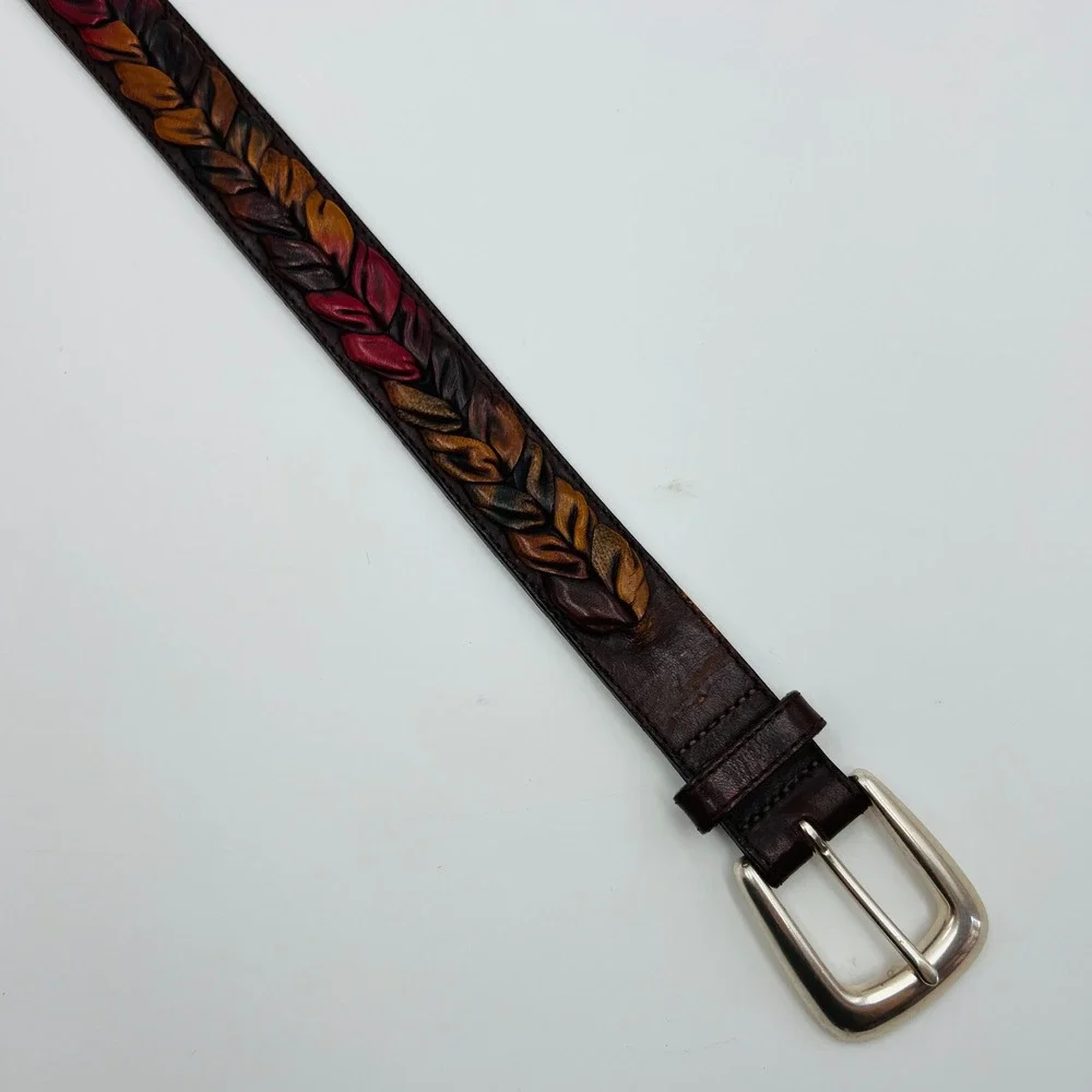 The Territory Ahead Mens 38 Braided Leather Leaf Belt Colorful Western Boho 90s
